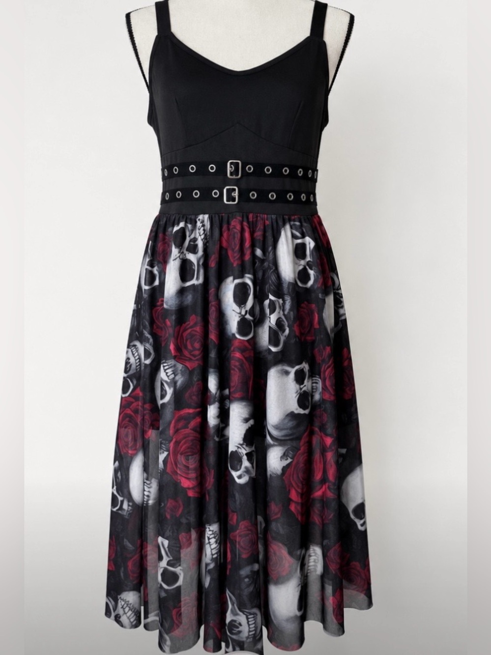 Gothic Skull & Rose Midi Dress with Double Buckle Witchy Dark Fairy Punk Dress M